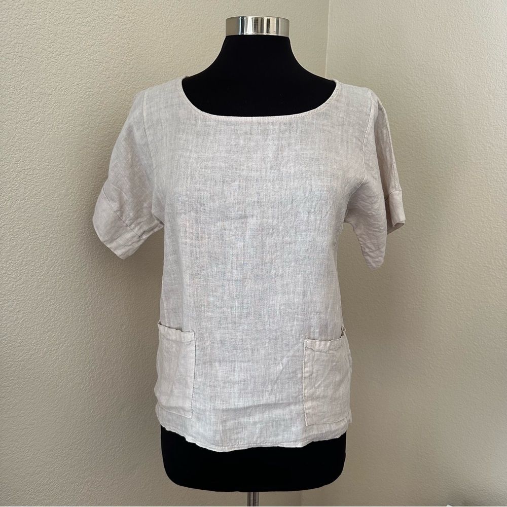 Francesca Bettini 100% Linen Short Sleeve oatmeal Top Size S